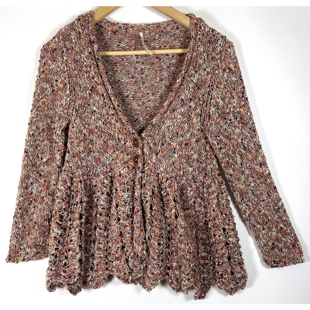 Free People XS Knit Peplum Cardigan Brown Red Multicolor Button Front V Neck